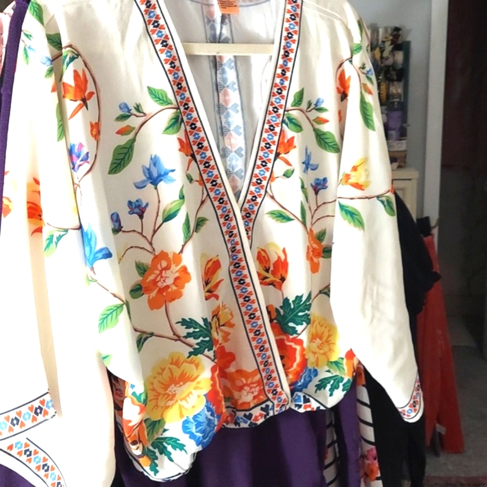 Flying Tomato Cream Floral Kimono Jacket with Orange, Yellow & Blue Blooms